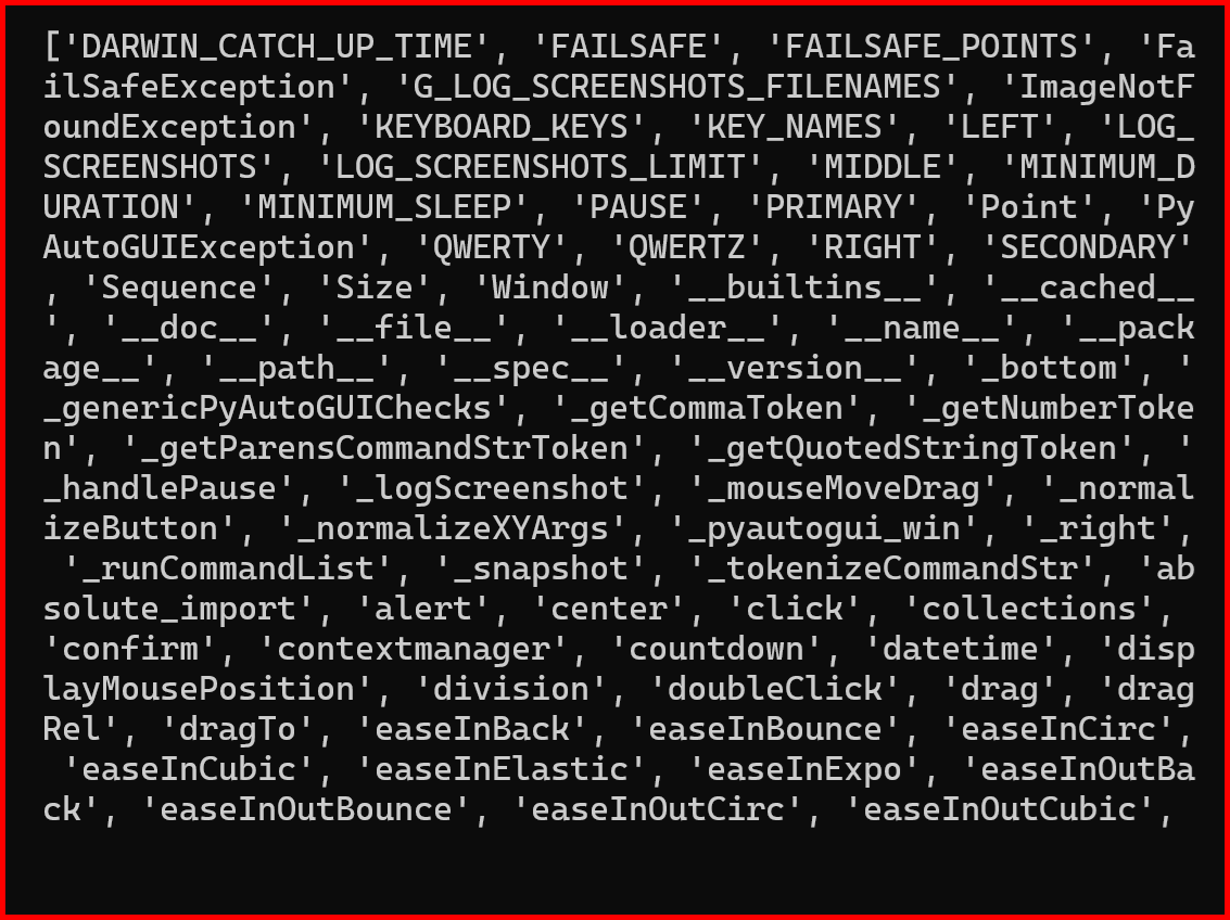 Picture showing the output of dir() function in python